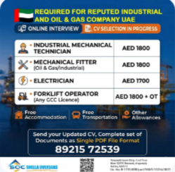 Industrial Mechanical Technician, Mechanical Fitter, Electrician, Forklift Operator UAE