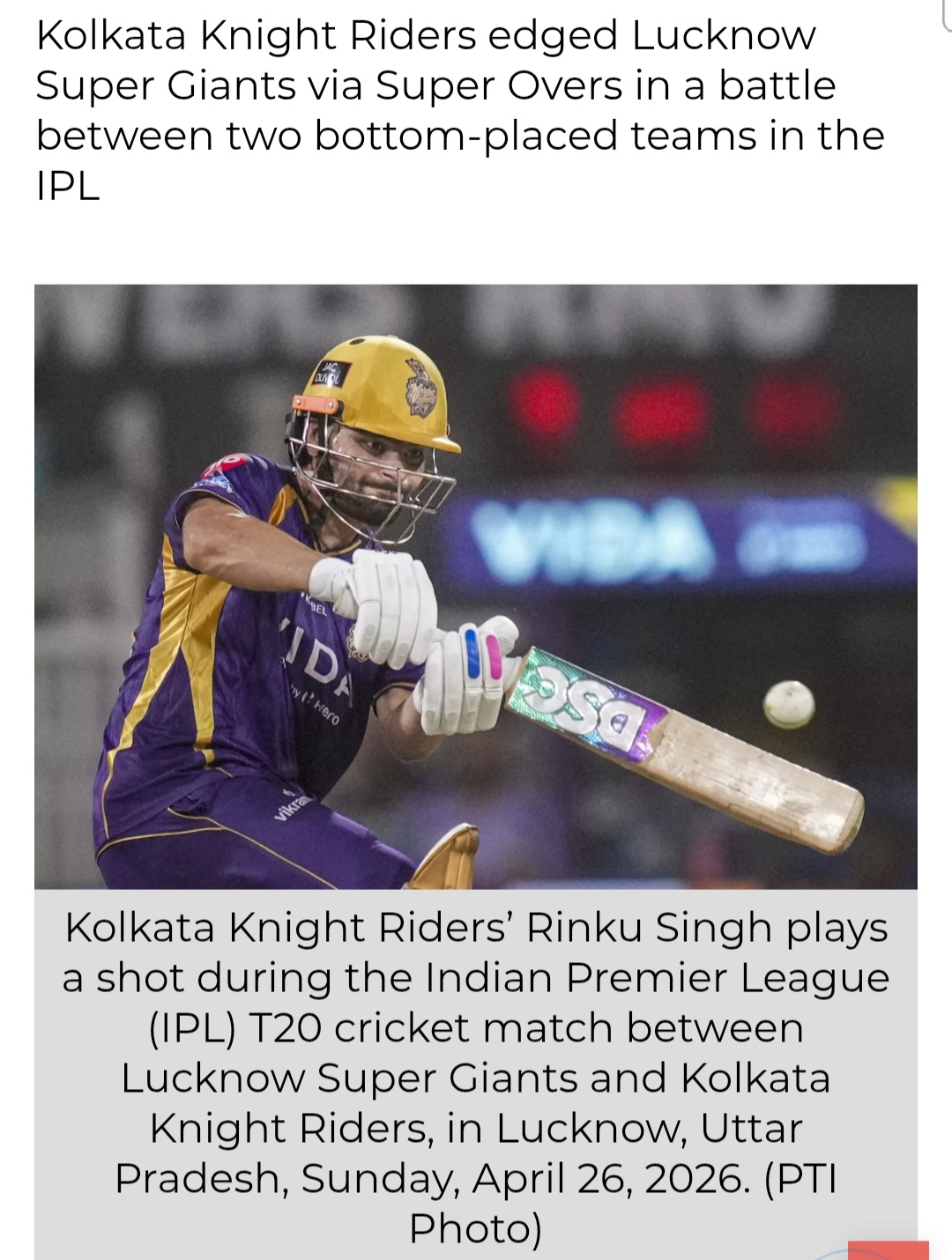 IPL 2026: Rinku Stars as Kolkata Knight Riders Beat LSG in Super overs