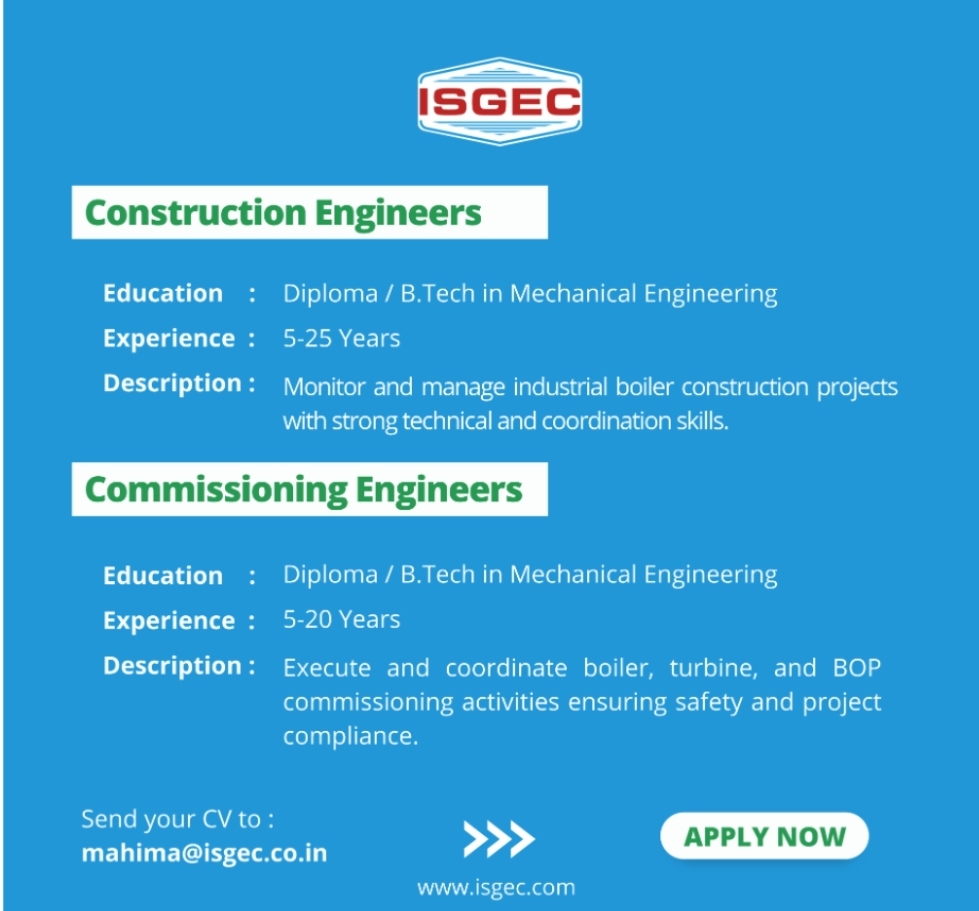 ISGEC Heavy Engineering Walk in Interview 2026, Diploma, BE & Btech Jobs  for Construction