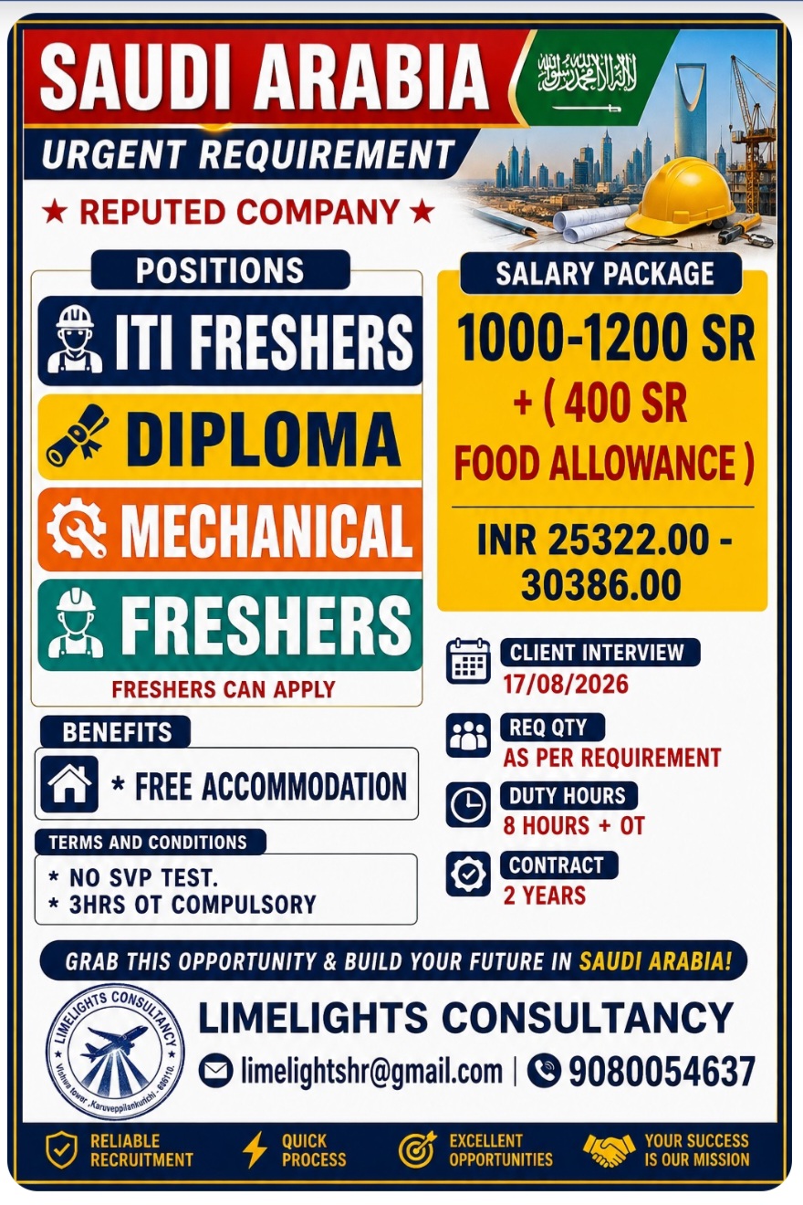ITI Freshers and Diploma Mechanical Freshers Hiring for saudi Arabia