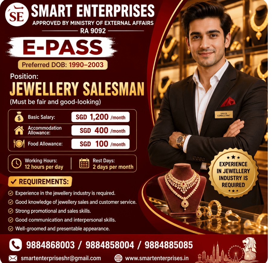Jewellery Salesman required at Singapore
