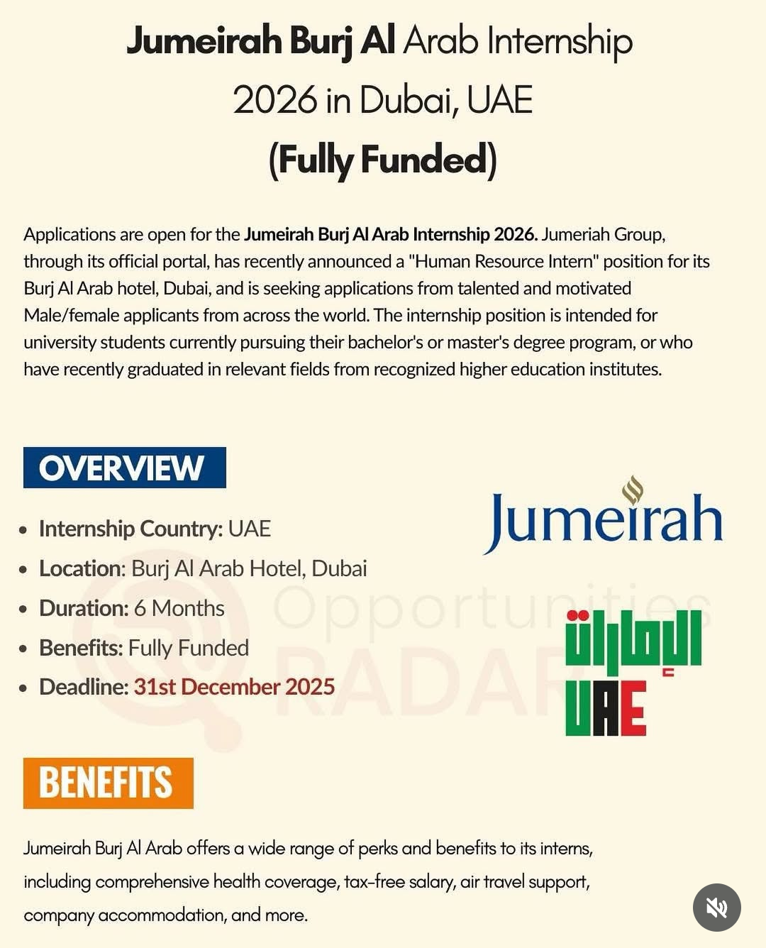JUMEIRAH BURJ AL ARAB INTERNSHIP 2026 IN DUBAI, UAE.