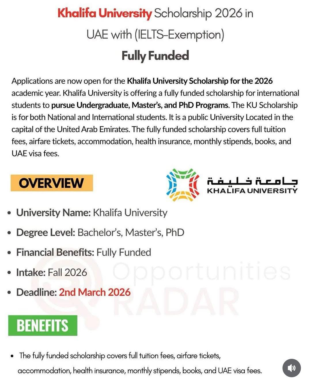 KHALIFA UNIVERSITY SCHOLARSHIP 2026