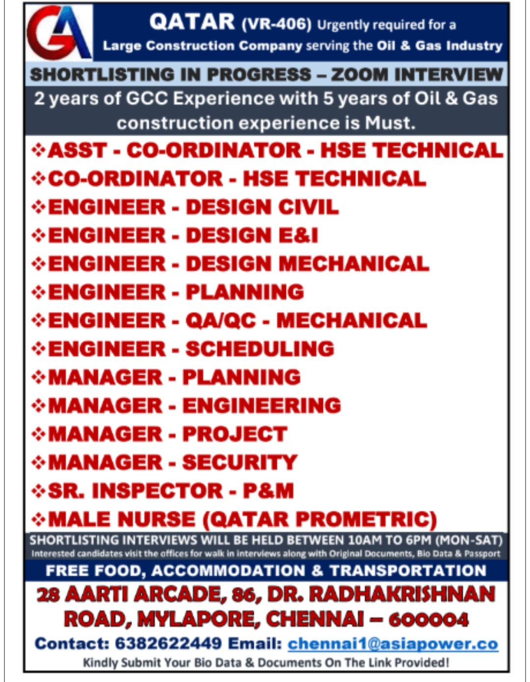 LARGE CONSTRUCTION CO OIL AND GAS HIRING FOR QATAR