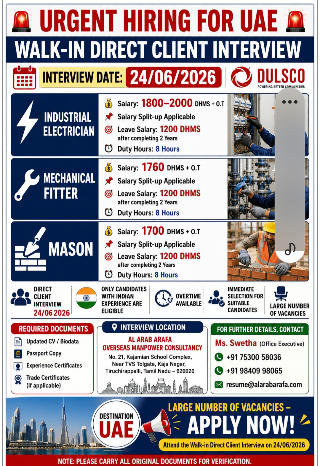 LARGE NUMBER OF VACANCIES HIRING FOR UAE