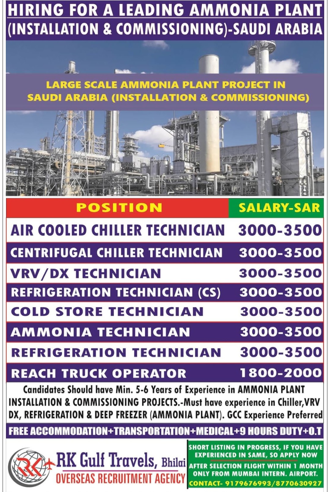 LARGE SCALE AMMONIA PLANT PROJECT IS HIRING FOR SAUDI ARABIA