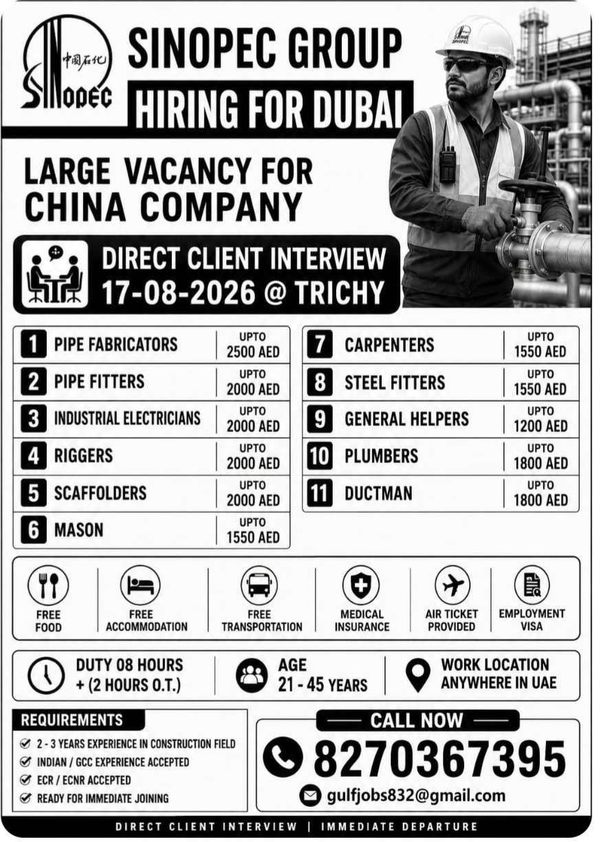 Large Vacancy for China Company - Dubai Hiring