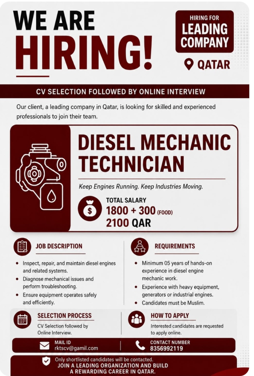 LEADING COMPANY IS HIRING FOR QATAR
