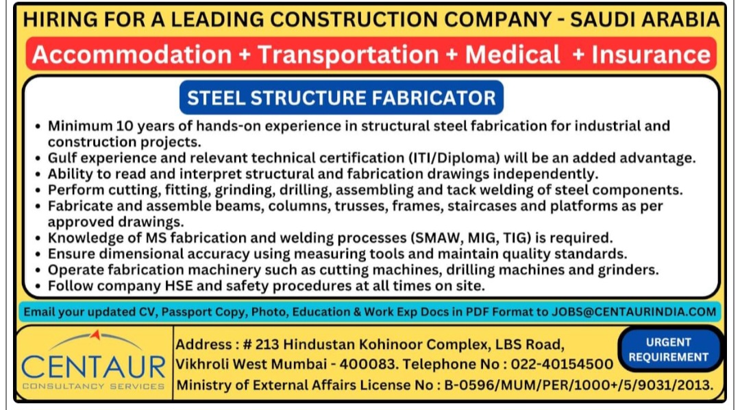 LEADING CONSTRUCTION COMPANY IS HIRING FOR SAUDI ARABIA