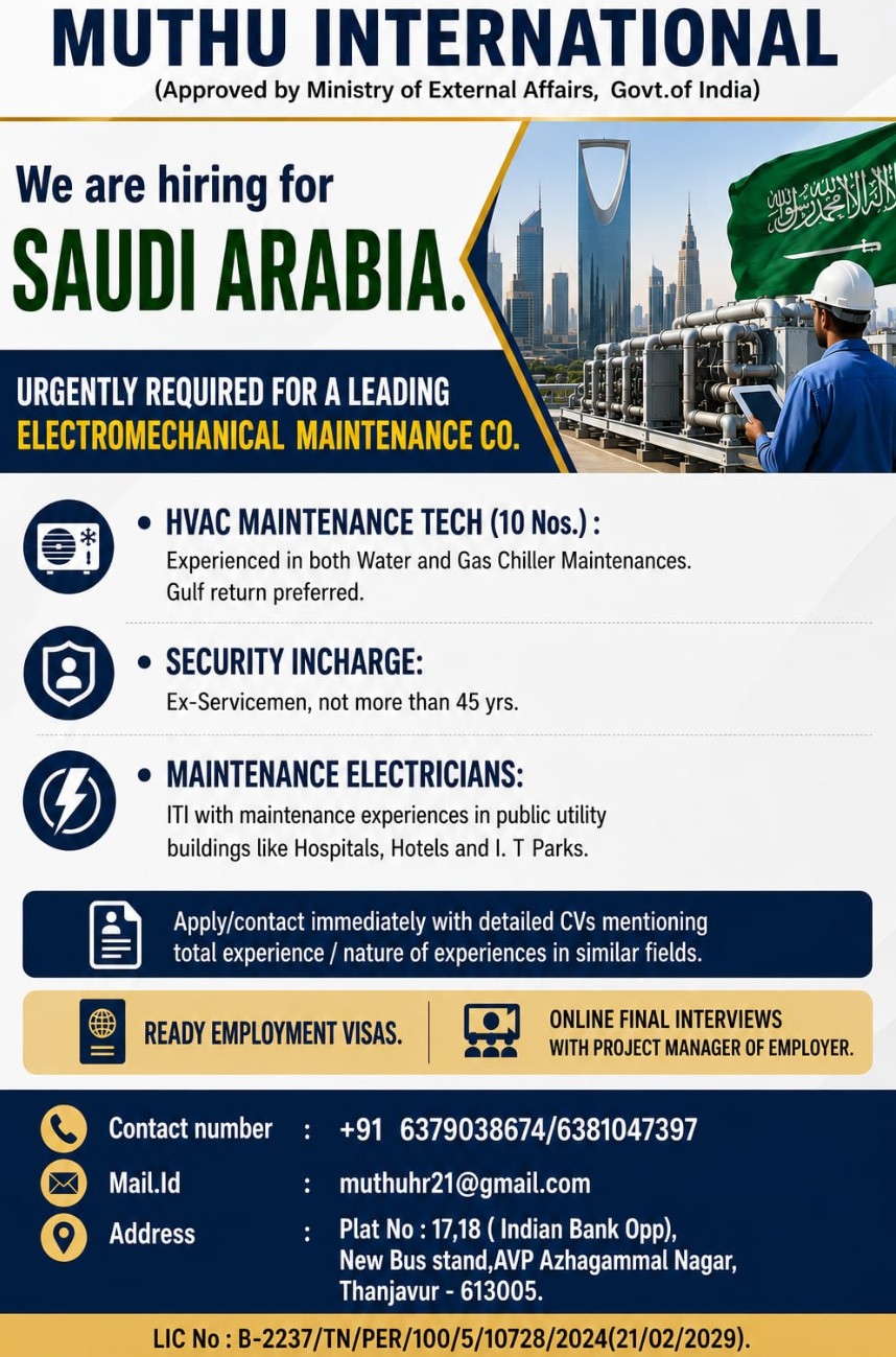 LEADING ELECTRO MECHANICAL MAINTENANCE COMPANY IS HIRING FOR saudi Arabia