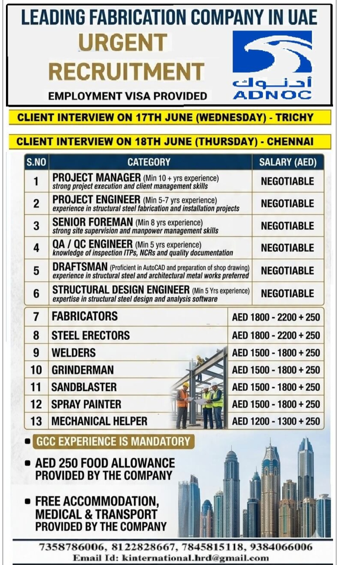 LEADING FABRICATION COMPANY HIRING FOR UAE