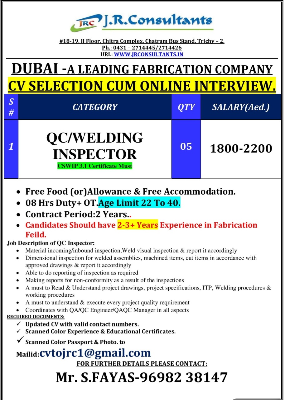 LEADING FABRICATION COMPANY IS HIRING FOR DUBAI