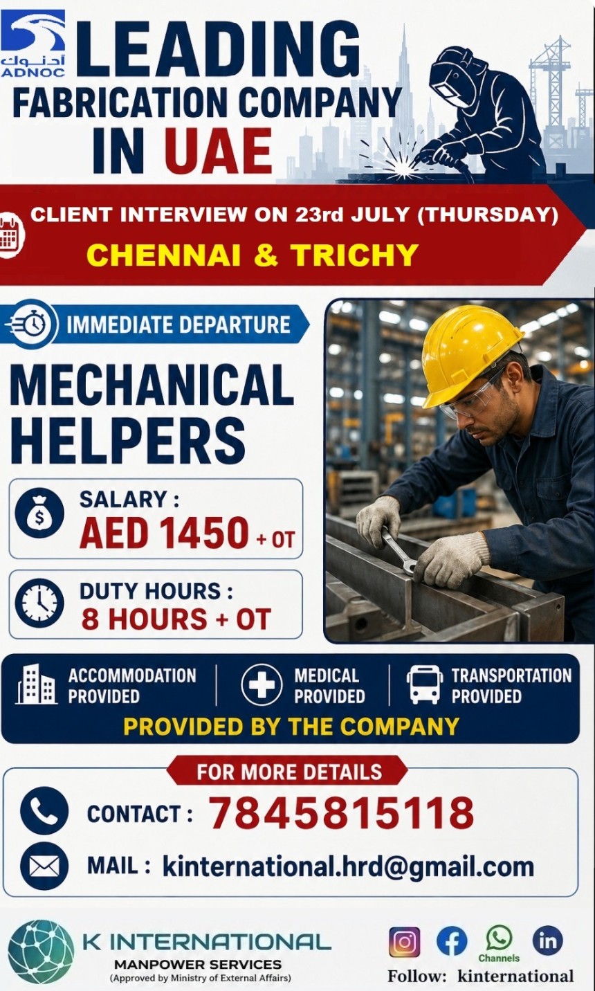 LEADING FABRICATION COMPANY IS HIRING FOR UAE