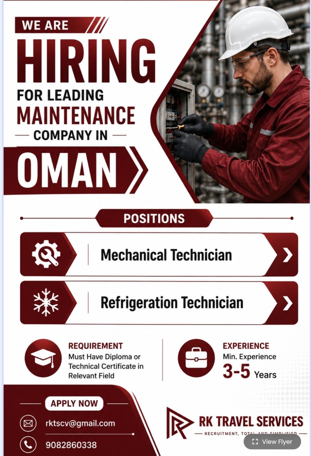 LEADING MAINTENANCE COMPANY IS HIRING FOR OMAN