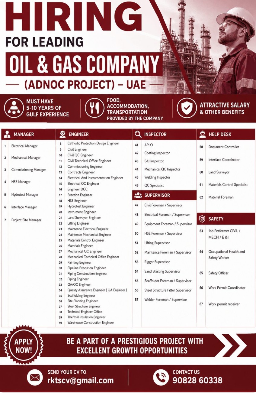 LEADING OIL AND GAS PEOJECT IS HIRING FOR UAE