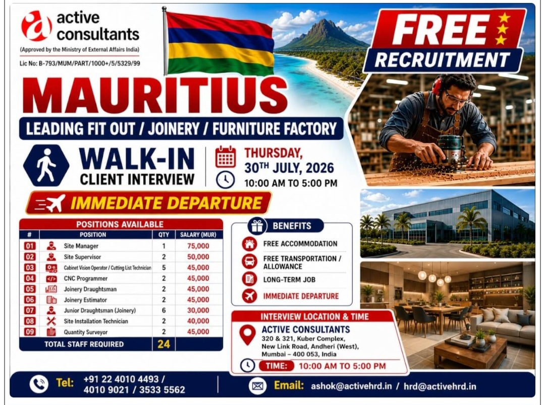 LEADING WOOD AND MANUFACTURING FACTORY IS HIRING FOR MAURITIUS