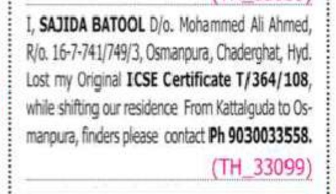 LOST OF CERTIFICATE