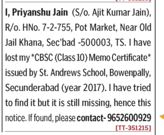 LOST OF CERTIFICATES