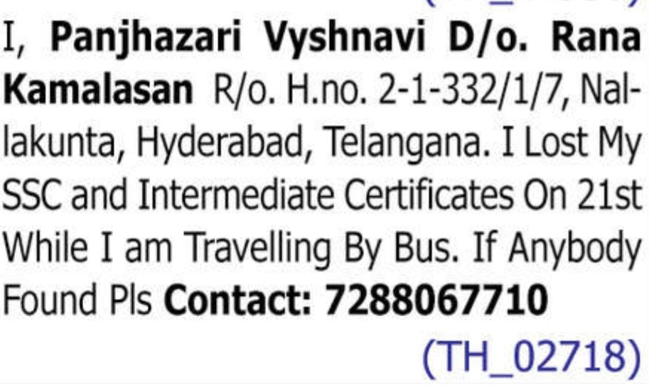 LOST OF CERTIFICATES