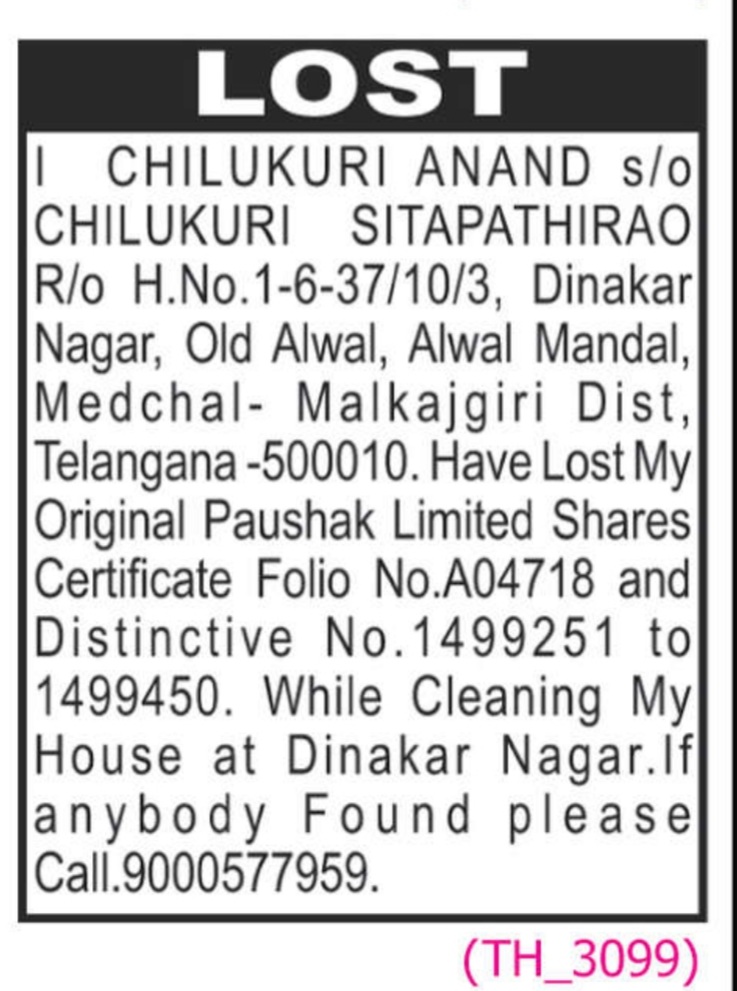 LOST OF CERTIFICATES