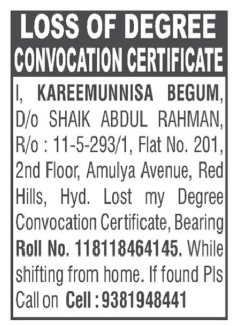 LOST OF CONVOCATION CERTIFICATE