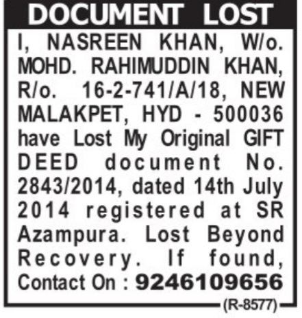 LOST OF DOCUMENT