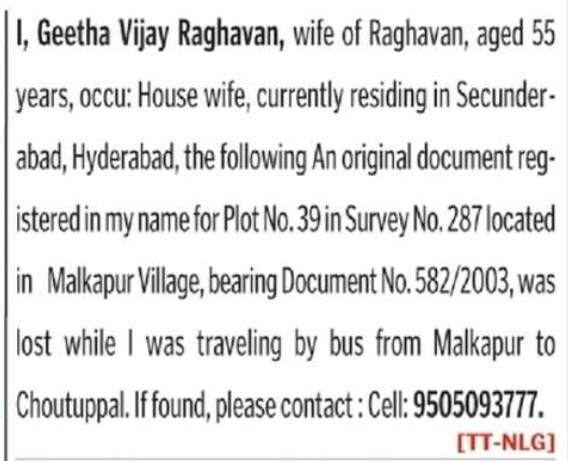 LOST OF DOCUMENT