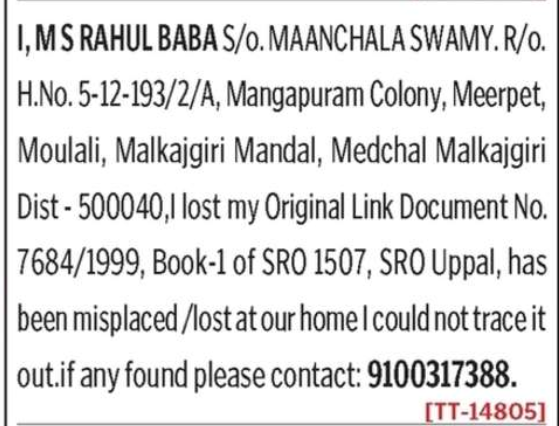 LOST OF DOCUMENT