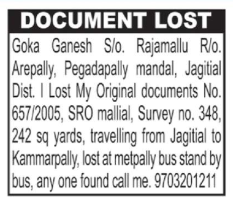 LOST OF DOCUMENT