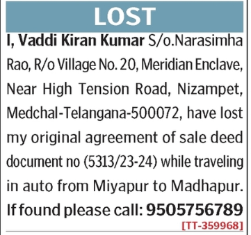 LOST OF DOCUMENT
