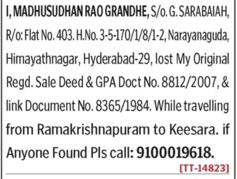LOST OF DOCUMENT
