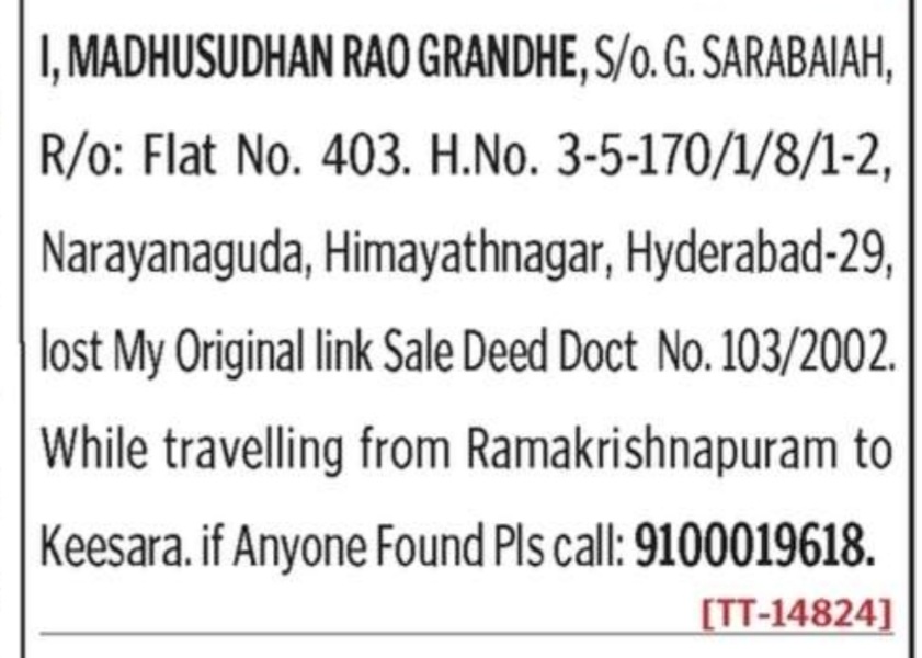 LOST OF DOCUMENT