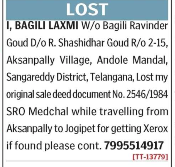 LOST OF DOCUMENT