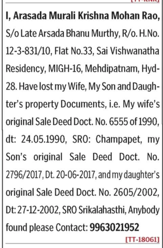 LOST OF DOCUMENT