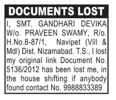 LOST OF DOCUMENT