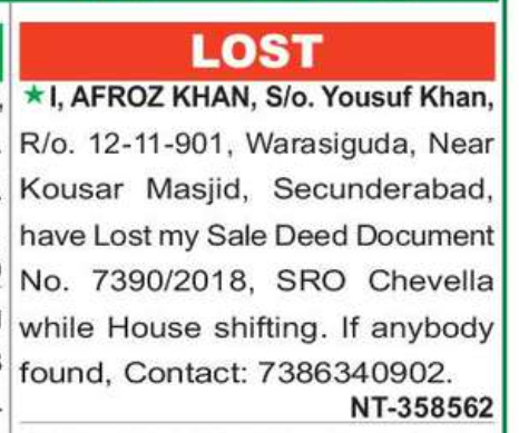 LOST OF DOCUMENT