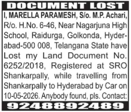 LOST OF DOCUMENT