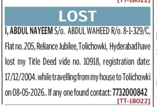 LOST OF DOCUMENT
