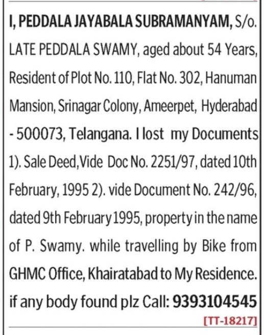 LOST OF DOCUMENT