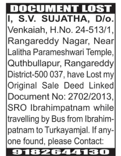 LOST OF DOCUMENT