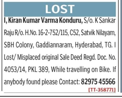 LOST OF DOCUMENT