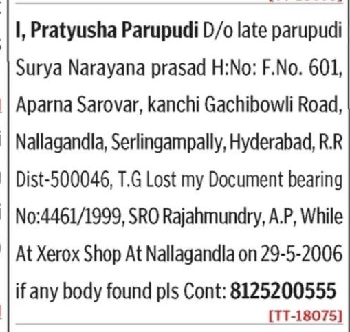 LOST OF DOCUMENT
