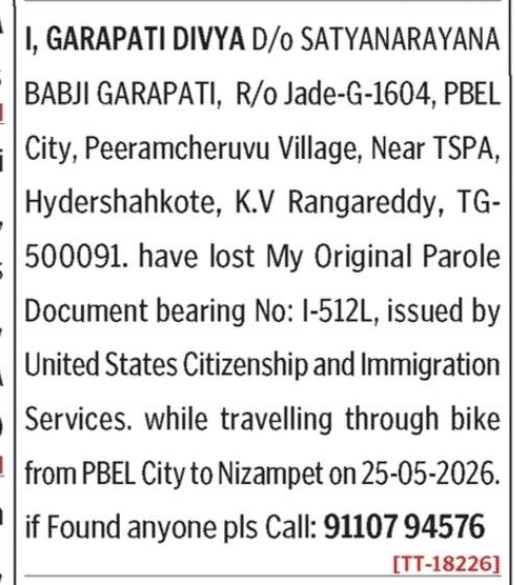 LOST OF DOCUMENT