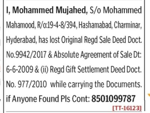 LOST OF DOCUMENT
