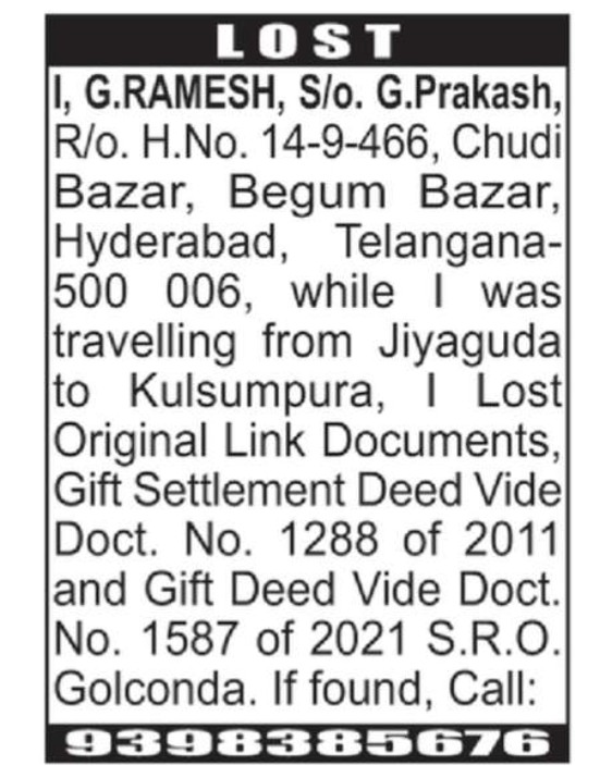 LOST OF DOCUMENT