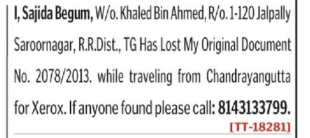 LOST OF DOCUMENT