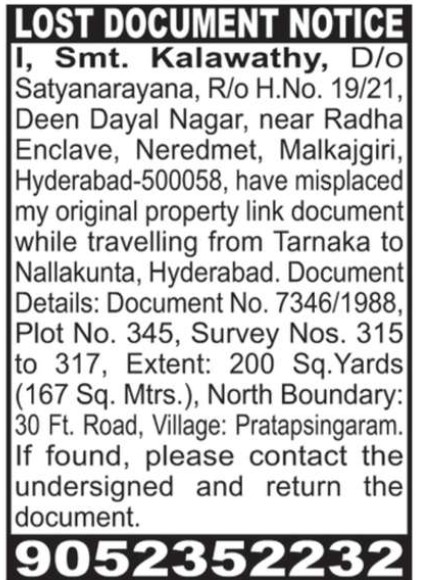 LOST OF DOCUMENT