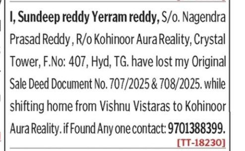 LOST OF DOCUMENT