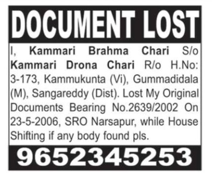 LOST OF DOCUMENT