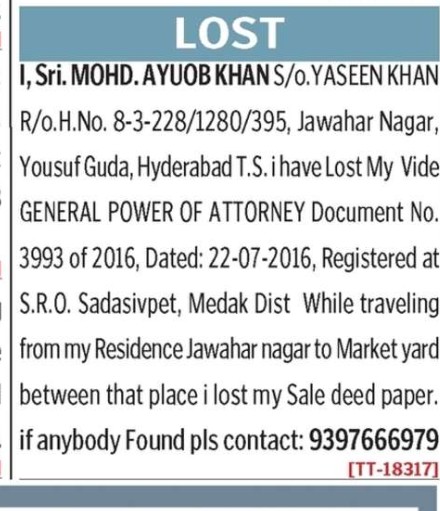 LOST OF DOCUMENT